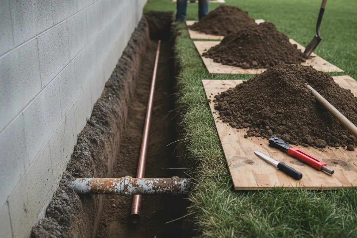 Excavated water line trench during Water Softener Installation in Fitchburg